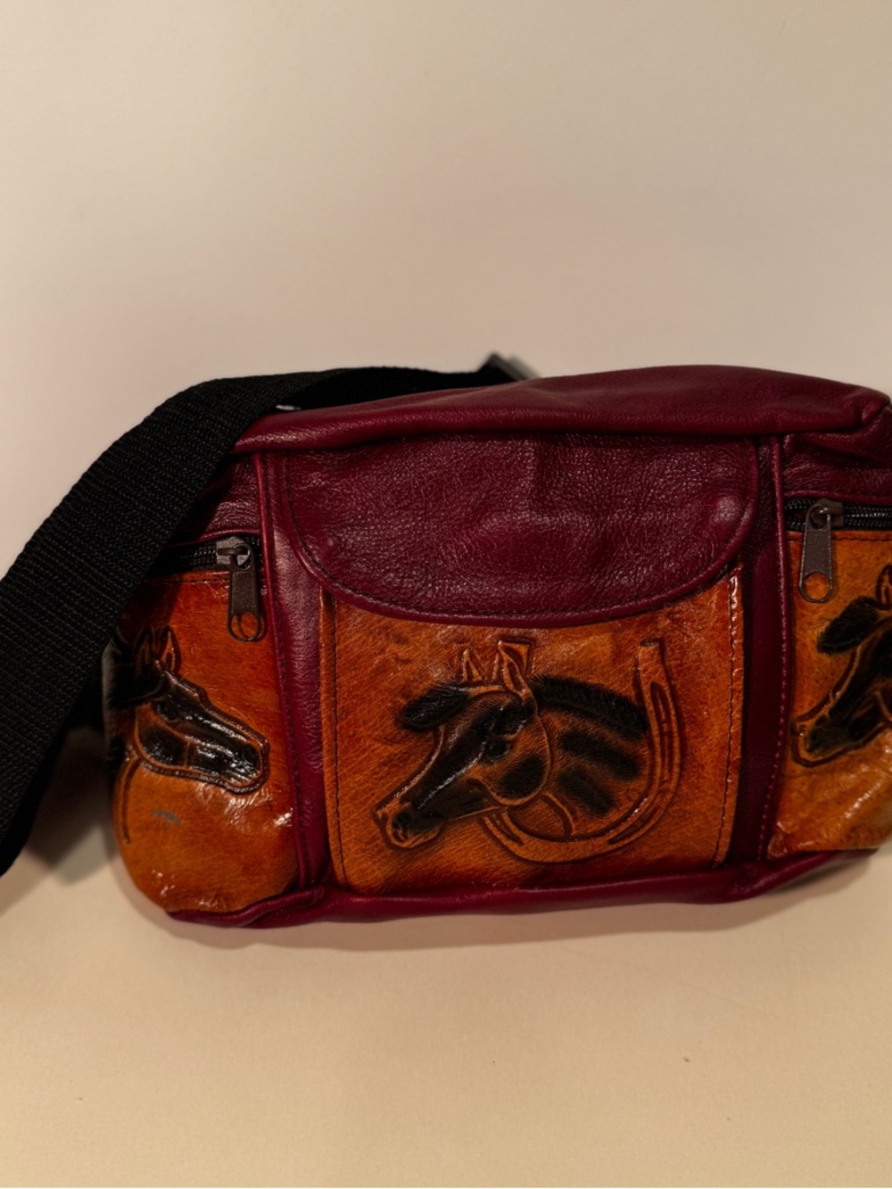 Vintage Leather Horse fanny pack pouch waist Bag Burgundy Tan